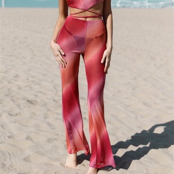 Multi Color Tie-Dye Mesh Halter Neck Lace Down Back Wrap Top & Flare Pant S - Picture 3 of 6